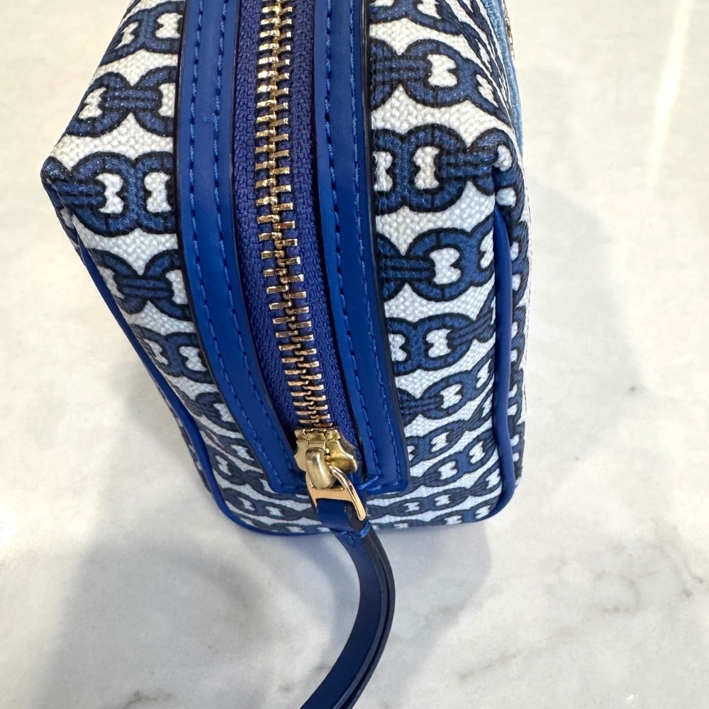 NWT Tory Burch Gemini Link Canvas Small Cosmetic Case Blue Stripe Makeup Bag - Picture 8 of 10